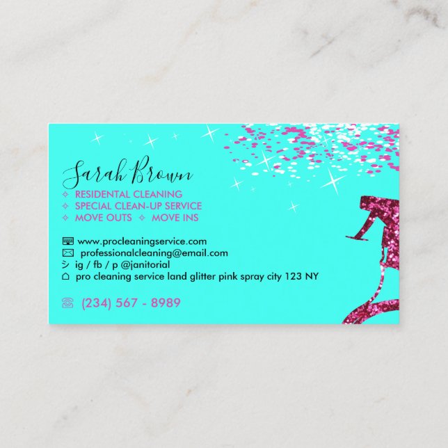Teal Pink Maid Housekeeping Sparkle Cleaning Spray Business Card (Back)