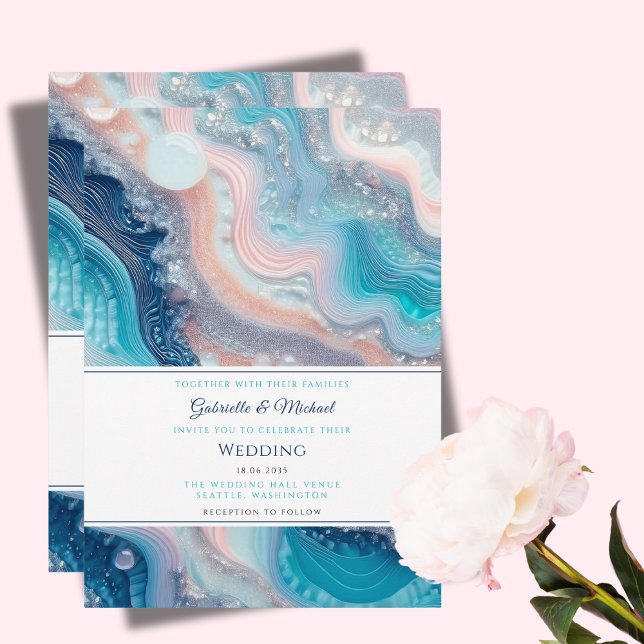 Teal Pink Marble Agate Summer Wedding Invitation (Creator Uploaded)
