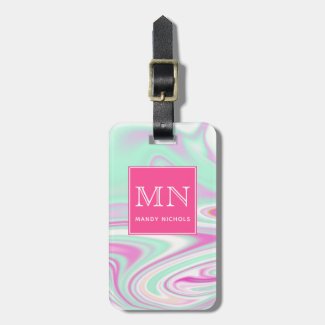 Teal & Pink Marble Pattern Monogram Luggage Tag