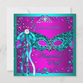 Teal Pink Masquerade Quinceanera Party Invitation
