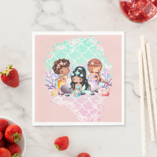 Teal Pink Mermaid Friends Under the Sea Napkins