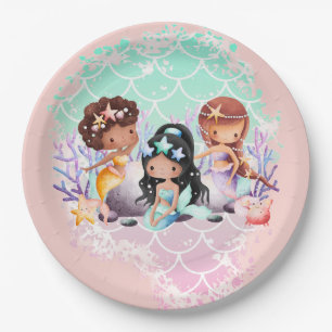 Teal Pink Mermaid Friends Under the Sea Paper Plates