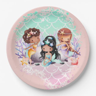 Teal Pink Mermaid Friends Under the Sea Paper Plates