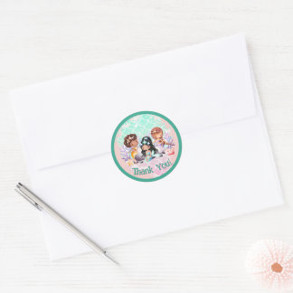 Teal Pink Mermaid Friends Under the Sea Thank You Classic Round Sticker