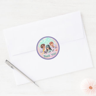 Teal Pink Mermaid Friends Under the Sea Thank You Classic Round Sticker