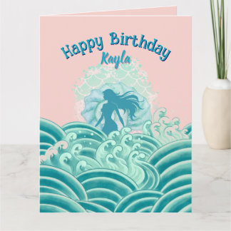Teal Pink Mermaid Ocean Waves Birthday Party Girl Card