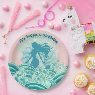 Teal Pink Mermaid Ocean Waves Birthday Party Girl Paper Plates