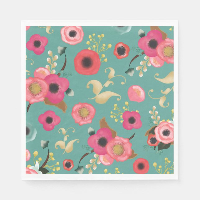 Teal Pink Modern Floral Pattern Party Napkins (Front)