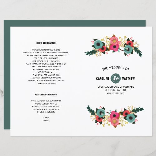 Teal  Pink Modern Floral  Wedding Program