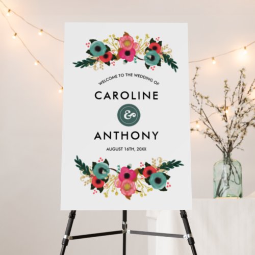 Teal  Pink Modern Floral  Wedding Welcome Sign