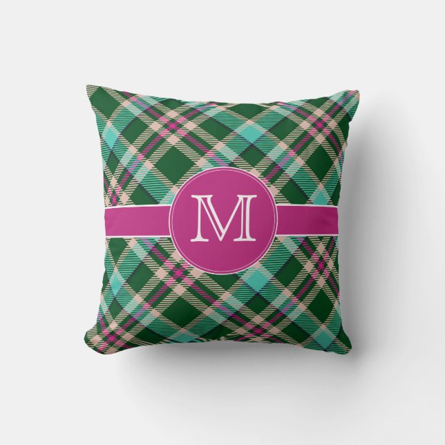 Teal & Pink Personalized Monogram Throw Pillow (Front)