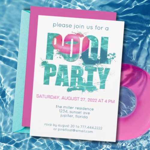 Teal Pink Pool Party Splash Invitation