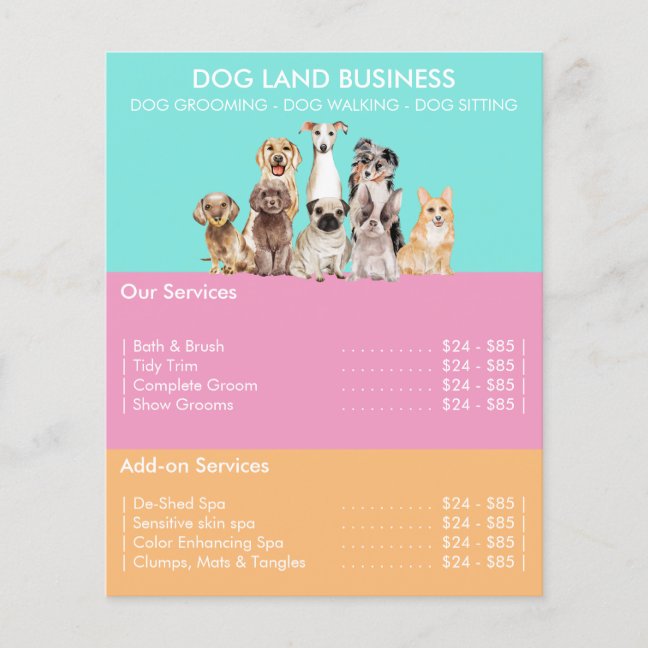 Teal Pink Price List for Dog Grooming Flyer