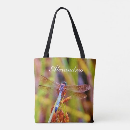 Teal Pink Purple dragonfly w Name Tote Bag
