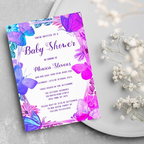 Teal Pink Purple Floral Butterfly Baby Shower  Invitation