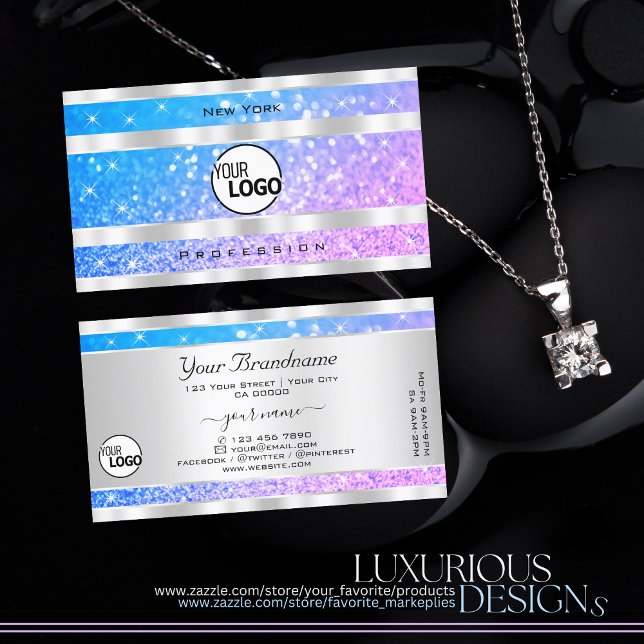 Teal Pink Purple Glitter Stars and Logo Silver Business Card (Creator Uploaded)