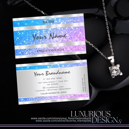 Teal Pink Purple Glitter Stars Silver Decor Business Card