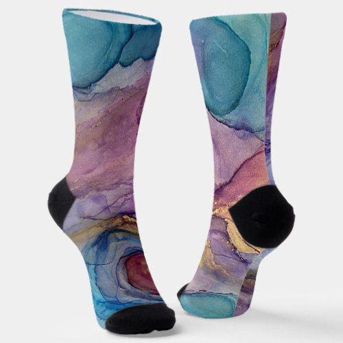 Teal Pink Purple  Gold Abstract Alcohol Ink Art Socks