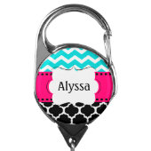 Teal Pink Quatrefoil Chevron Personalized Badge Holder (Carabiner Front)