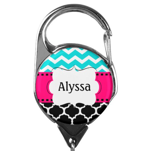 Teal Pink Quatrefoil Chevron Personalized Badge Holder (Carabiner Front)