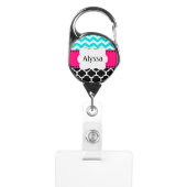 Teal Pink Quatrefoil Chevron Personalized Badge Holder (Front)