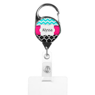 Teal Pink Quatrefoil Chevron Personalized Badge Holder