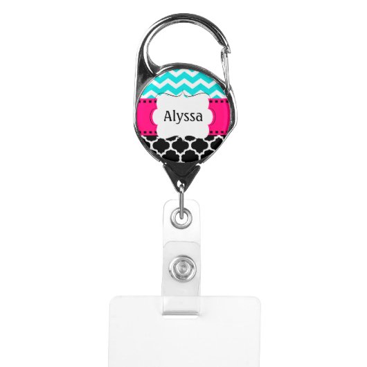 Teal Pink Quatrefoil Chevron Personalized Badge Holder (Front)