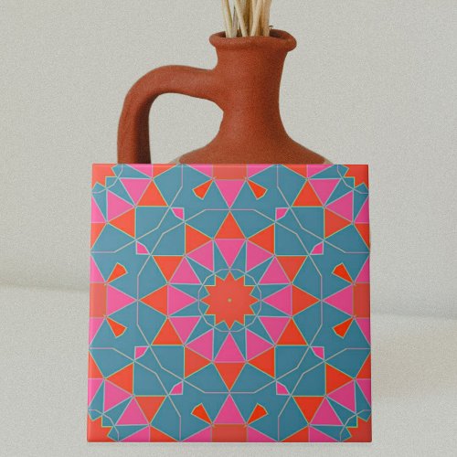 Teal Pink Red Moroccan Mosaic Geometric Pattern Ceramic Tile