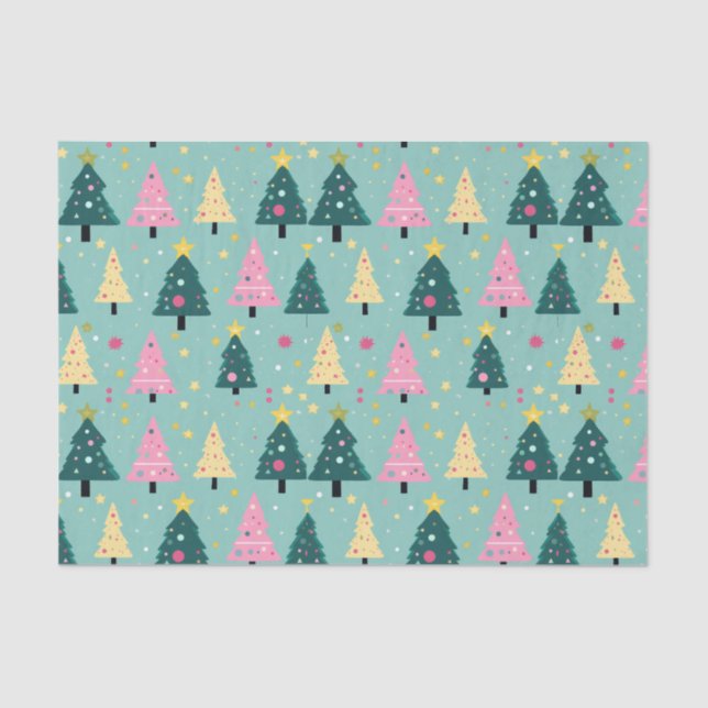 Teal Pink Retro Christmas Trees Tissue Paper (Front)