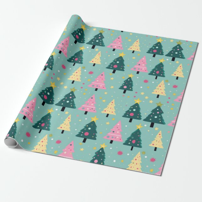 Teal Pink Retro Christmas Trees Wrapping Paper (Unrolled)