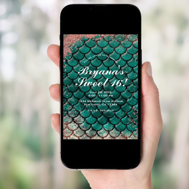  Teal & Pink Rose Gold Glitter Mermaid Sweet 16    Invitation (Front Digital)