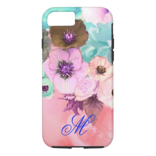 TEAL PINK ROSES AND ANEMONE FLOWERS MONOGRAM iPhone 87 CASE