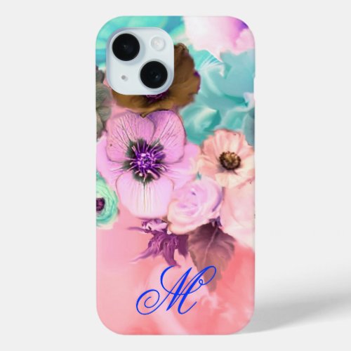 TEAL PINK ROSES AND ANEMONE FLOWERS MONOGRAM iPhone 15 CASE