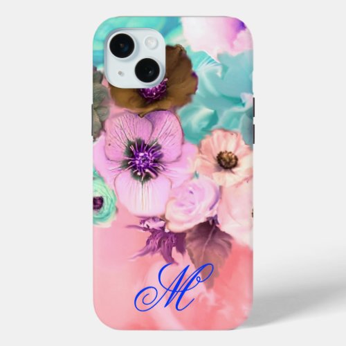 TEAL PINK ROSES AND ANEMONE FLOWERS MONOGRAM iPhone 15 PLUS CASE