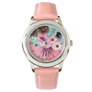 TEAL PINK ROSES AND ANEMONE FLOWERS MONOGRAM WATCH