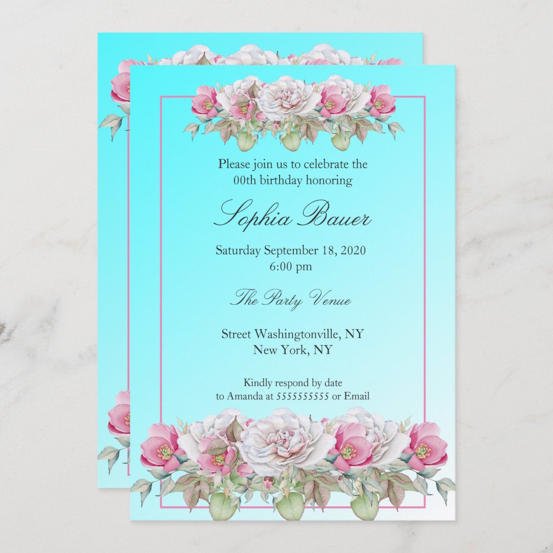 Teal Pink Roses Floral Birthday Party Invitation 