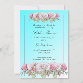 Teal Pink Roses Floral Birthday Party Invitation | Zazzle