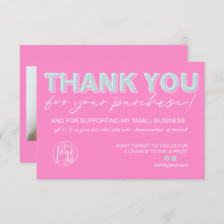 Teal pink script photo logo order thank you | Zazzle