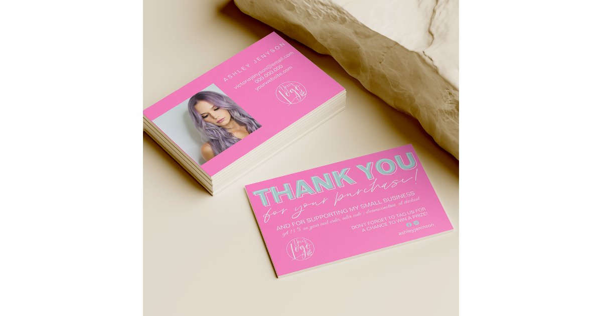 Teal pink script photo logo order thank you business card | Zazzle