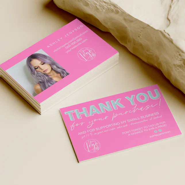 Teal pink script photo logo order thank you business card | Zazzle