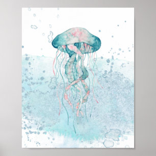 Teal & Pink Sea Jellyfish Aquatic Themed Poster