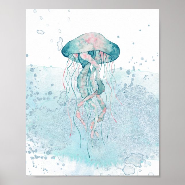 Teal & Pink Sea Jellyfish Aquatic Themed Poster (Front)