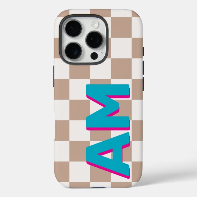 Teal Pink Shadow Monogram Beige Checkerboard Case-Mate iPhone Case (Back)