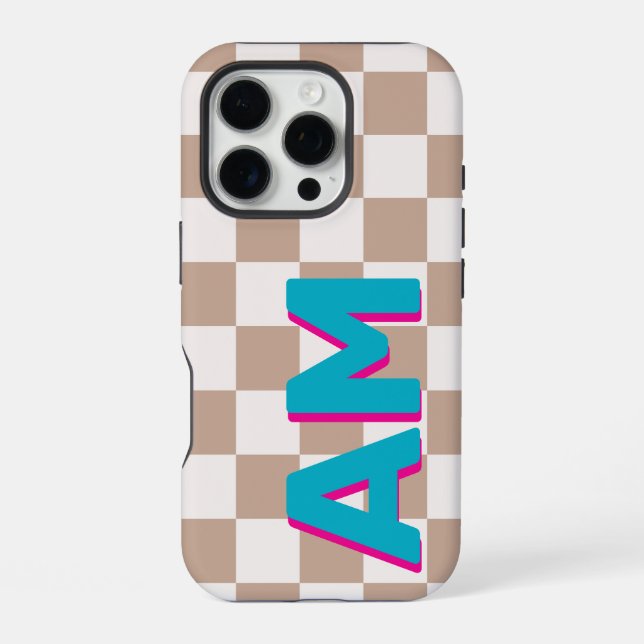 Teal Pink Shadow Monogram Beige Checkerboard Iphone Case (Back)