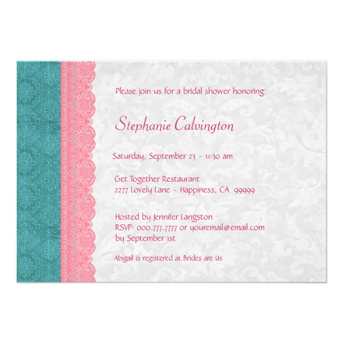 Teal Pink Silver Lace Zebra Bridal Shower V008 Personalized Announcements