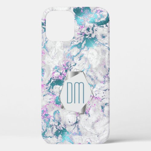 Teal Pink Silver Marble Monogram iPhone 12 Pro Case