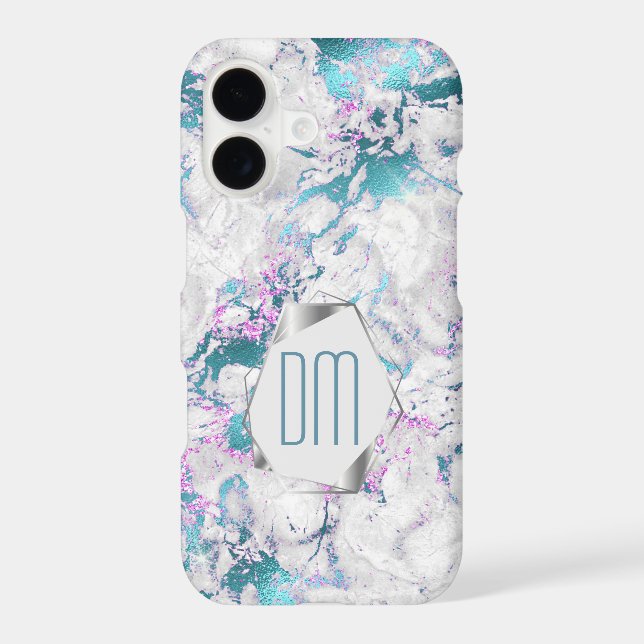 Teal Pink Silver Marble Monogram Iphone Case (Back)