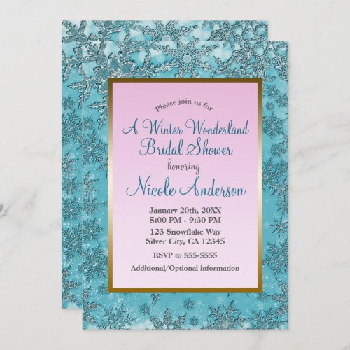 Teal Pink Snowflakes Winter Bridal Shower Invitation