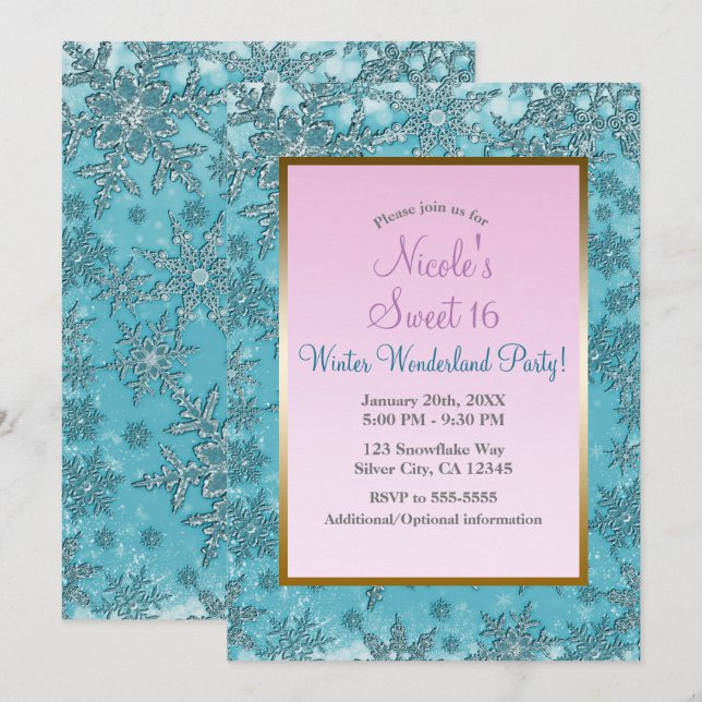 Teal & Pink Snowflakes Winter Wonderland Party Invitation (Front/Back)