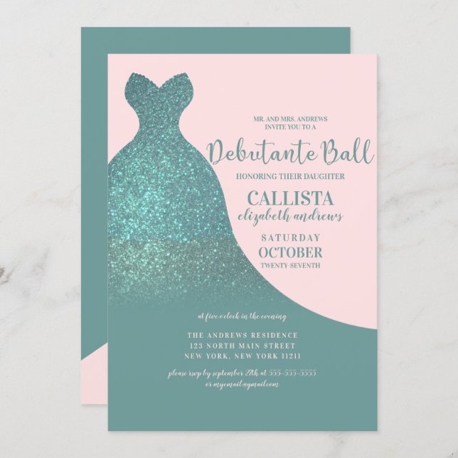 Teal Pink Sparkly Glitter Dress Debutante Dance Invitation (Front/Back)